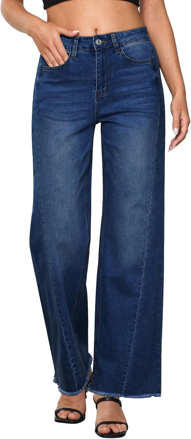 GRAPENT Wide Leg Jeans for Women High Waisted Trendy Strechy Denim Pants Side Seam Frayed Hem Baggy Work Trouser Jeans