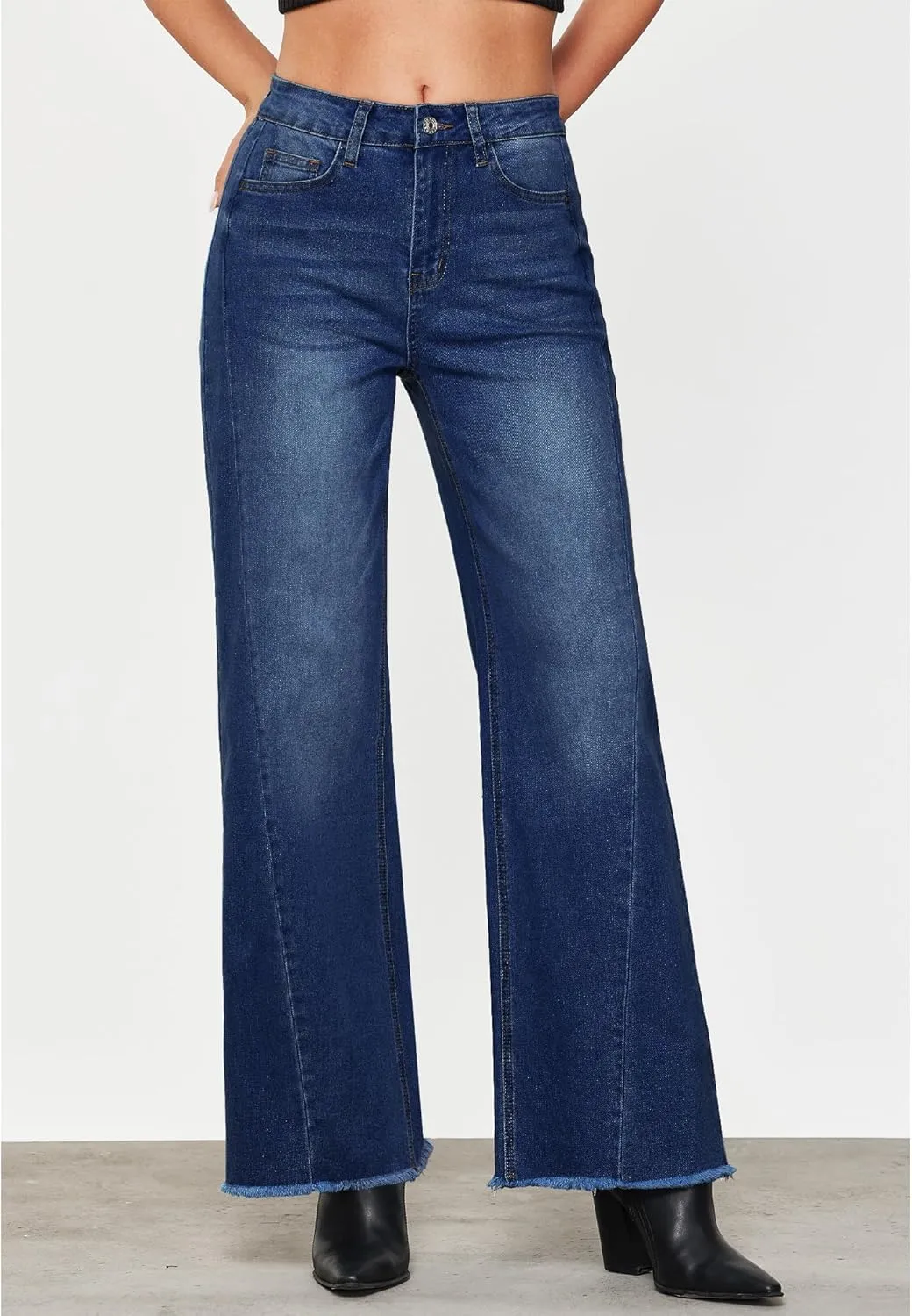 GRAPENT Wide Leg Jeans for Women High Waisted Trendy Strechy Denim Pants Side Seam Frayed Hem Baggy Work Trouser Jeans