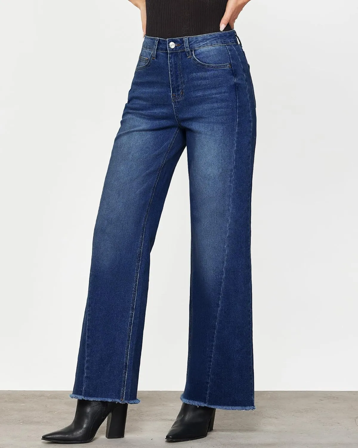 GRAPENT Wide Leg Jeans for Women High Waisted Trendy Strechy Denim Pants Side Seam Frayed Hem Baggy Work Trouser Jeans