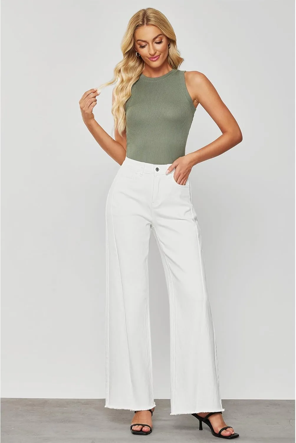 GRAPENT Wide Leg Jeans for Women High Waisted Trendy Strechy Denim Pants Side Seam Frayed Hem Baggy Work Trouser Jeans