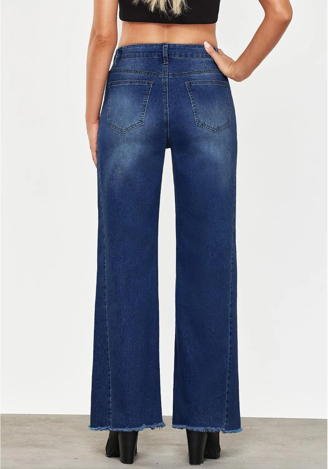 GRAPENT Wide Leg Jeans for Women High Waisted Trendy Strechy Denim Pants Side Seam Frayed Hem Baggy Work Trouser Jeans