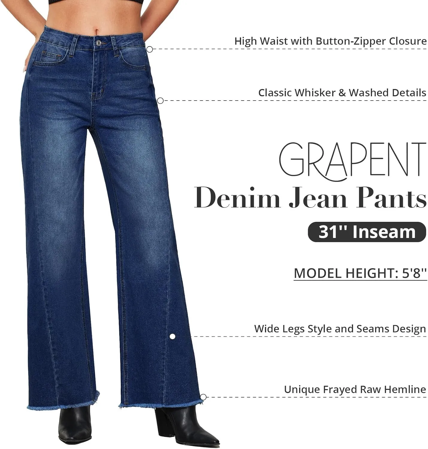 GRAPENT Wide Leg Jeans for Women High Waisted Trendy Strechy Denim Pants Side Seam Frayed Hem Baggy Work Trouser Jeans