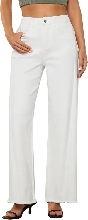 GRAPENT Wide Leg Jeans for Women High Waisted Trendy Strechy Denim Pants Side Seam Frayed Hem Baggy Work Trouser Jeans