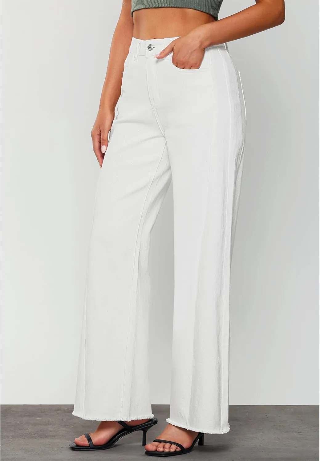 GRAPENT Wide Leg Jeans for Women High Waisted Trendy Strechy Denim Pants Side Seam Frayed Hem Baggy Work Trouser Jeans