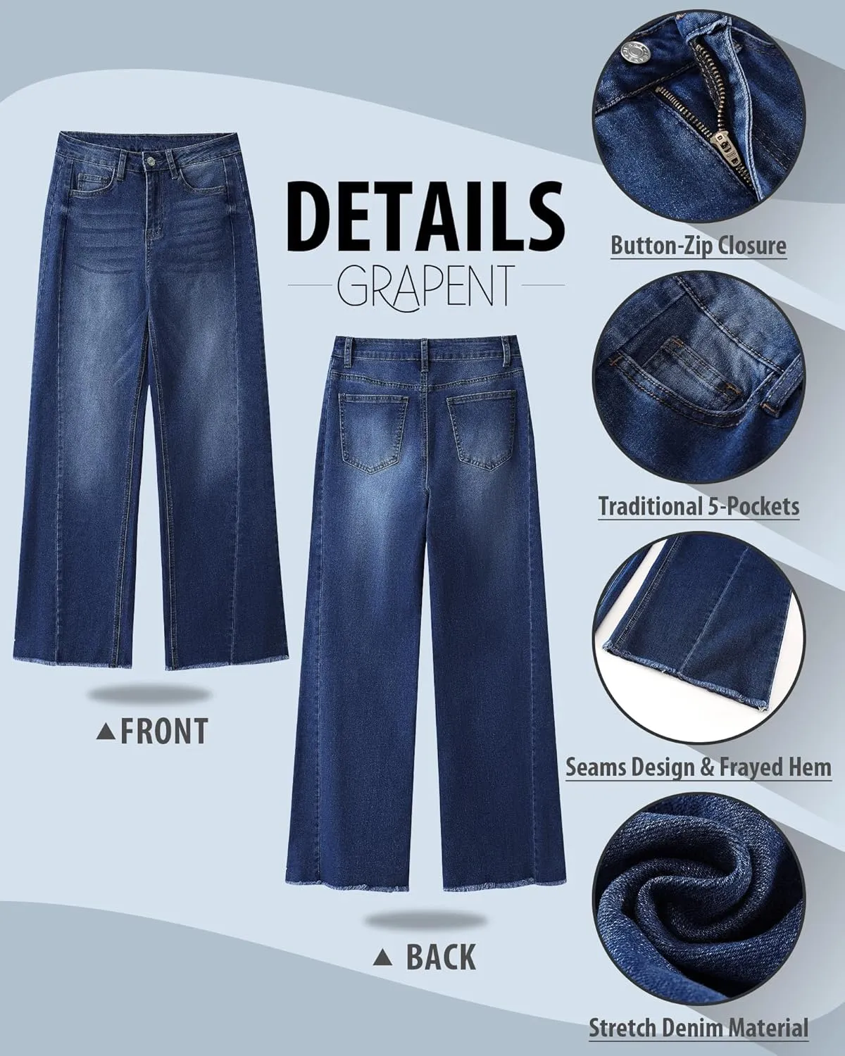 GRAPENT Wide Leg Jeans for Women High Waisted Trendy Strechy Denim Pants Side Seam Frayed Hem Baggy Work Trouser Jeans
