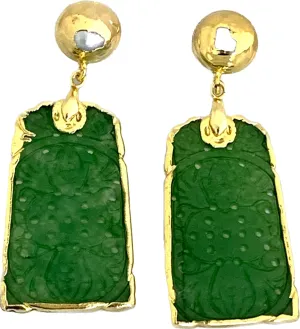 Green JADE (4.0 x 2.5cm) Carved Gemstones and Freshwater Cultured PEARL, 14K Yellow Gold-Plated Exquisite & Bold Hypoallergenic Stud Earrings, Fine Jewelry.
