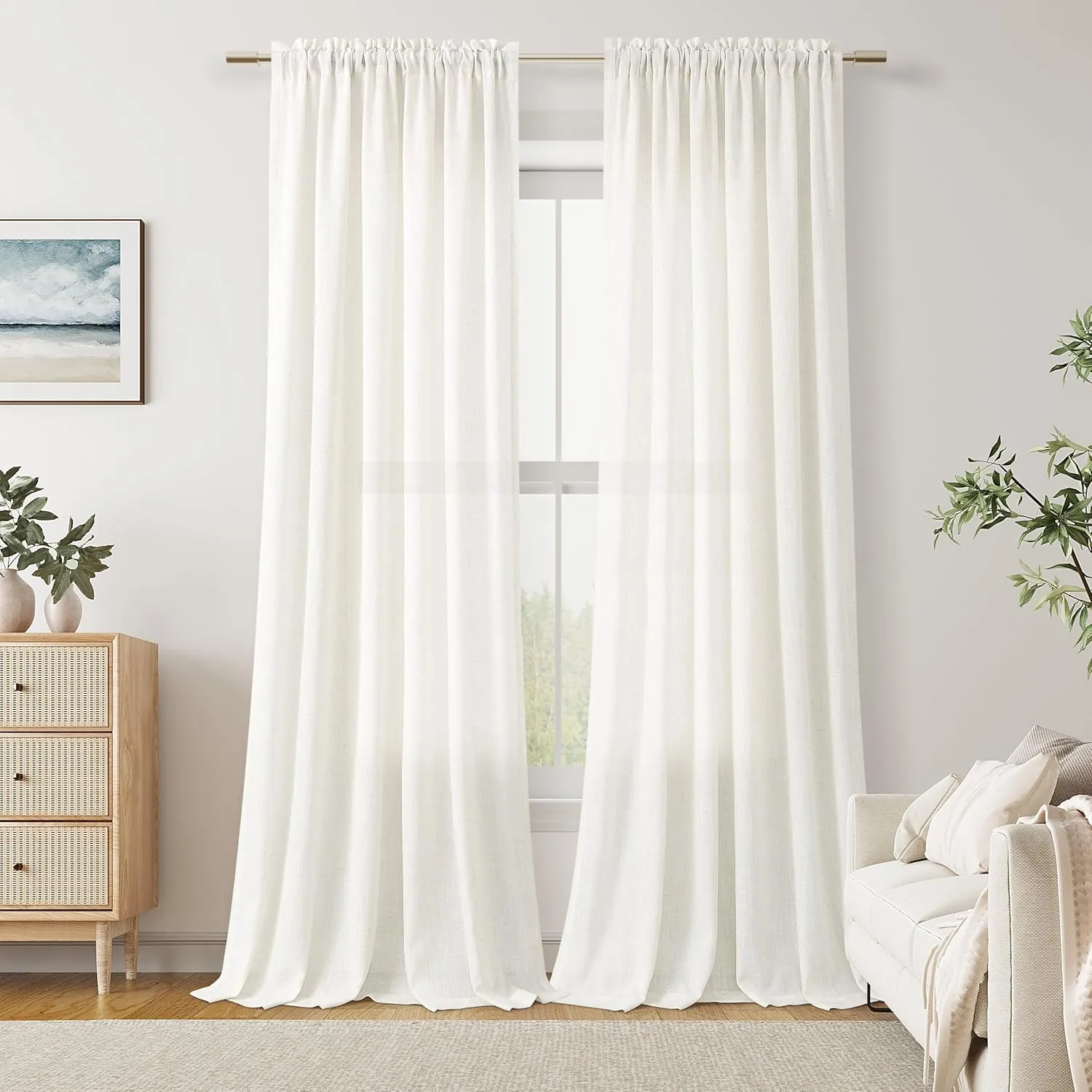 Guken Natural Linen Curtains 96 Inch Length for Living Room Bedroom 2 Panels Set Rod Pocket Light Filtering Semi Sheer Window Curtains 52 Inch Width Boho Farmhouse Linen Drapes Cream Ivory, W52xL96