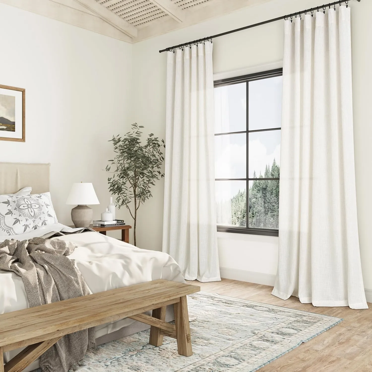 Guken Natural Linen Curtains 96 Inch Length for Living Room Bedroom 2 Panels Set Rod Pocket Light Filtering Semi Sheer Window Curtains 52 Inch Width Boho Farmhouse Linen Drapes Cream Ivory, W52xL96