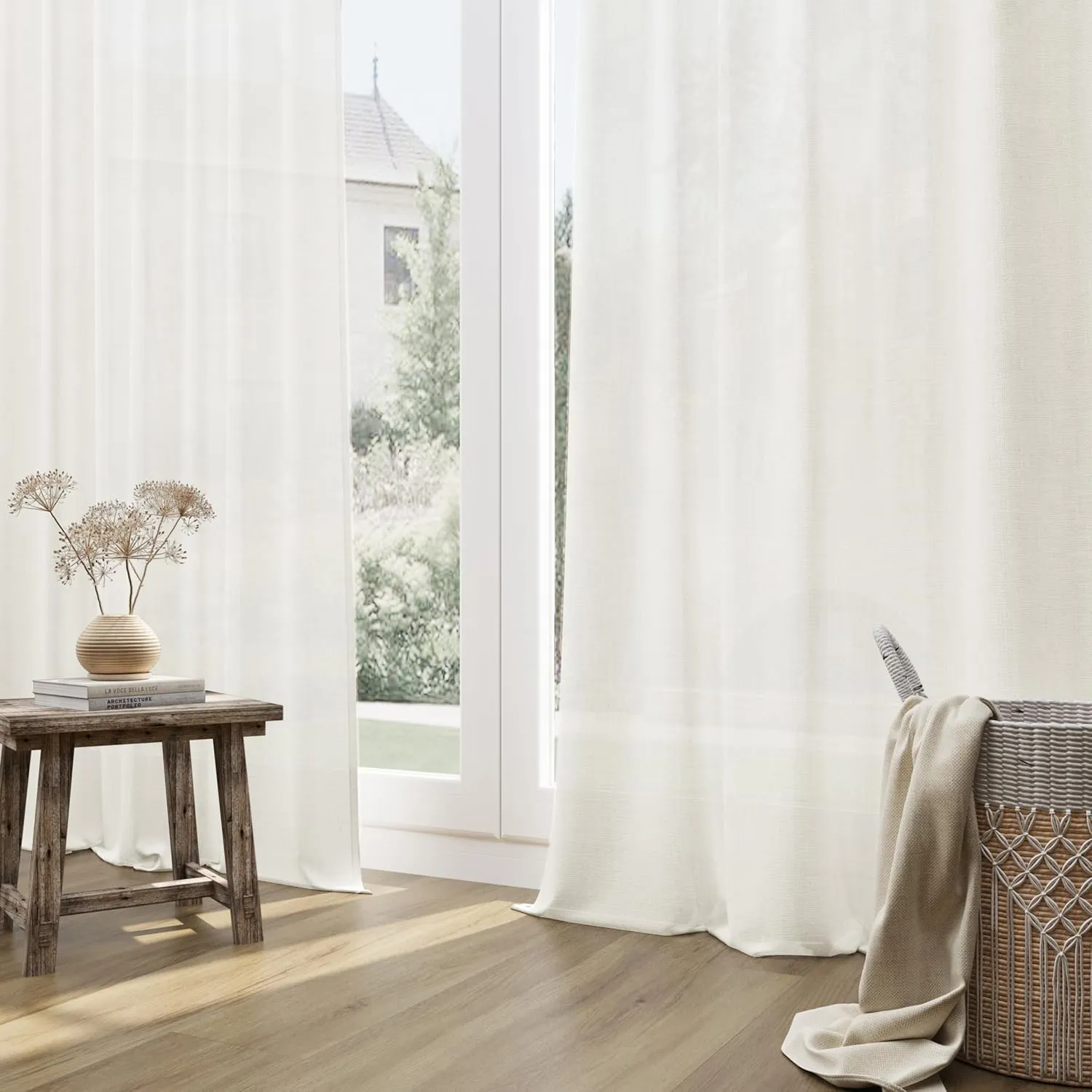 Guken Natural Linen Curtains 96 Inch Length for Living Room Bedroom 2 Panels Set Rod Pocket Light Filtering Semi Sheer Window Curtains 52 Inch Width Boho Farmhouse Linen Drapes Cream Ivory, W52xL96