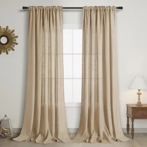 Guken Tan Linen Curtains 96 Inch Length for Living Room Bedroom 2 Panels Set Rod Pocket Light Filtering Semi Sheer Window Curtains 52 Inch Width Boho Farmhouse Linen Drapes, W52xL96