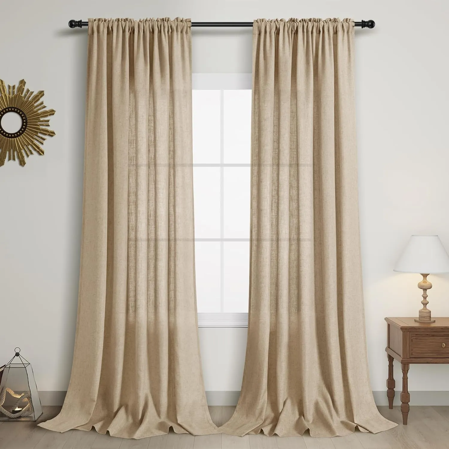 Guken Tan Linen Curtains 96 Inch Length for Living Room Bedroom 2 Panels Set Rod Pocket Light Filtering Semi Sheer Window Curtains 52 Inch Width Boho Farmhouse Linen Drapes, W52xL96