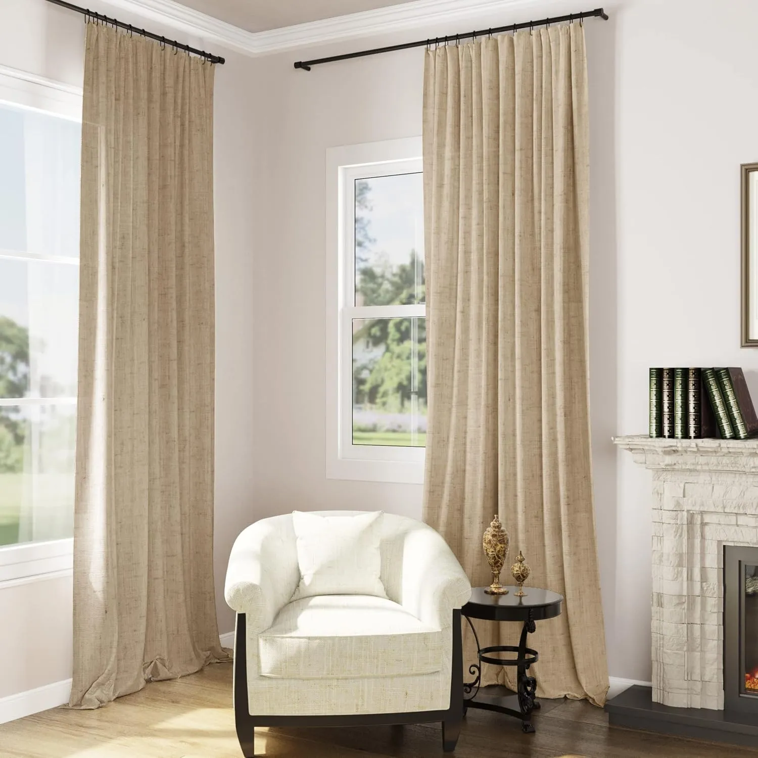 Guken Tan Linen Curtains 96 Inch Length for Living Room Bedroom 2 Panels Set Rod Pocket Light Filtering Semi Sheer Window Curtains 52 Inch Width Boho Farmhouse Linen Drapes, W52xL96