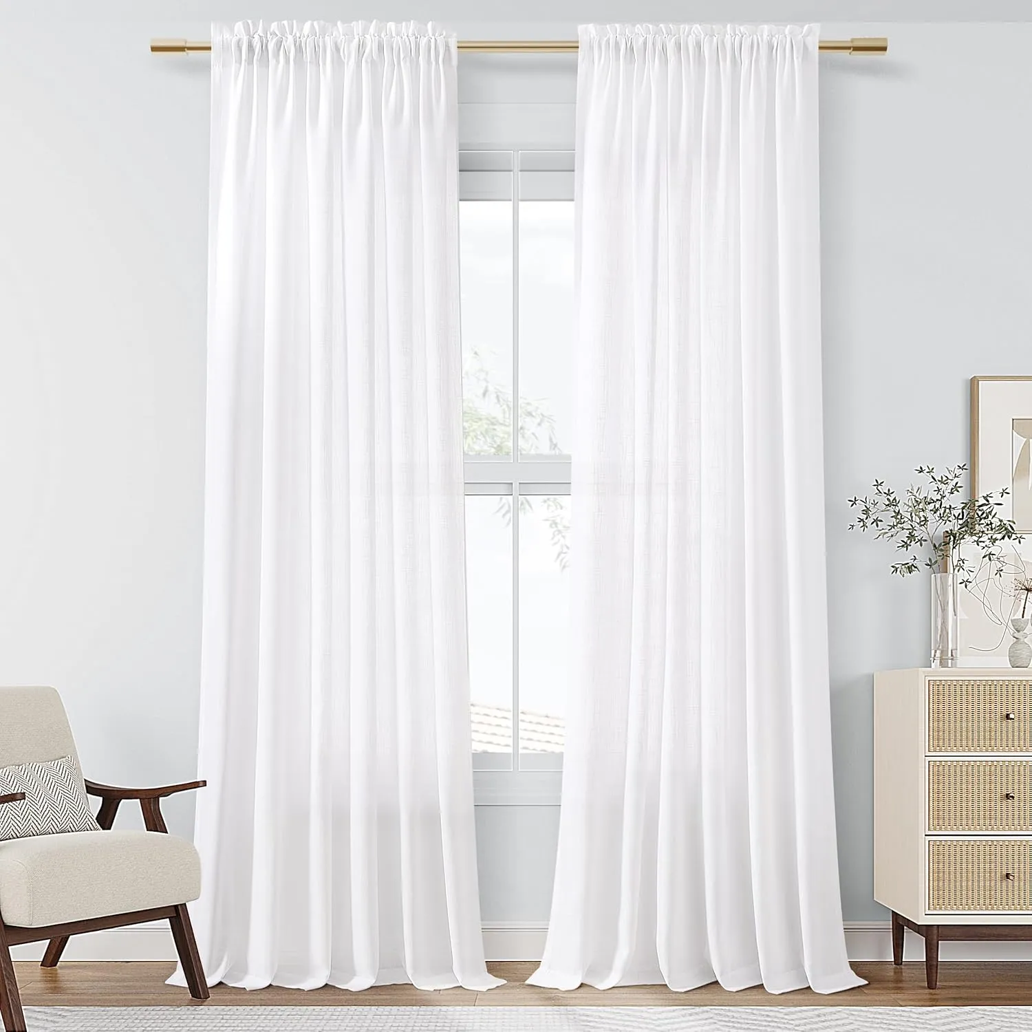 Guken White Linen Curtains 84 Inch Length for Living Room Bedroom 2 Panels Set Rod Pocket Light Filtering Semi Sheer Window Curtains 52 Inch Width Boho Farmhouse Linen Drapes, W52xL84