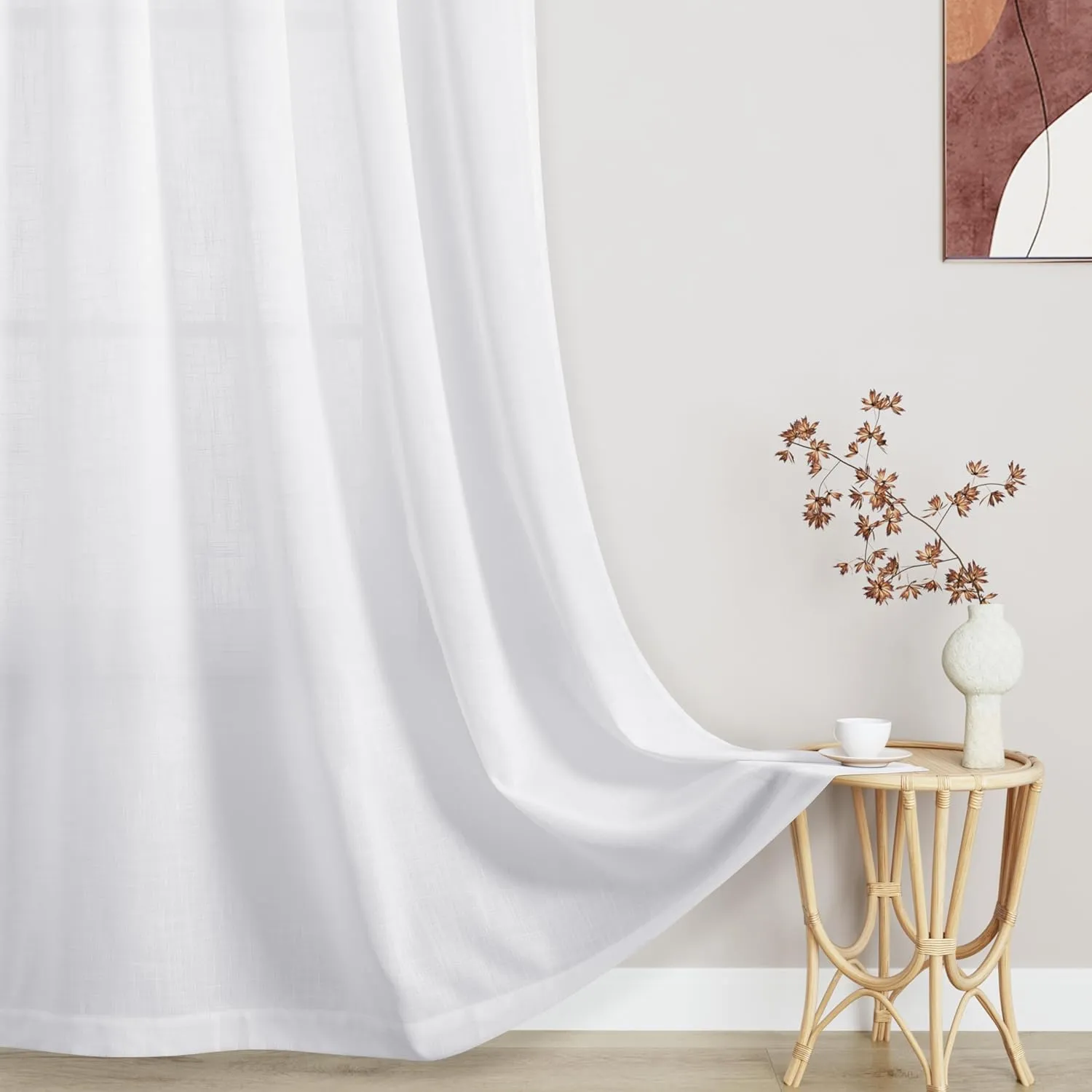 Guken White Linen Curtains 96 Inch Length for Living Room Bedroom 2 Panels Set Rod Pocket Light Filtering Semi Sheer Window Curtains 52 Inch Width Boho Farmhouse Linen Drapes, W52xL96
