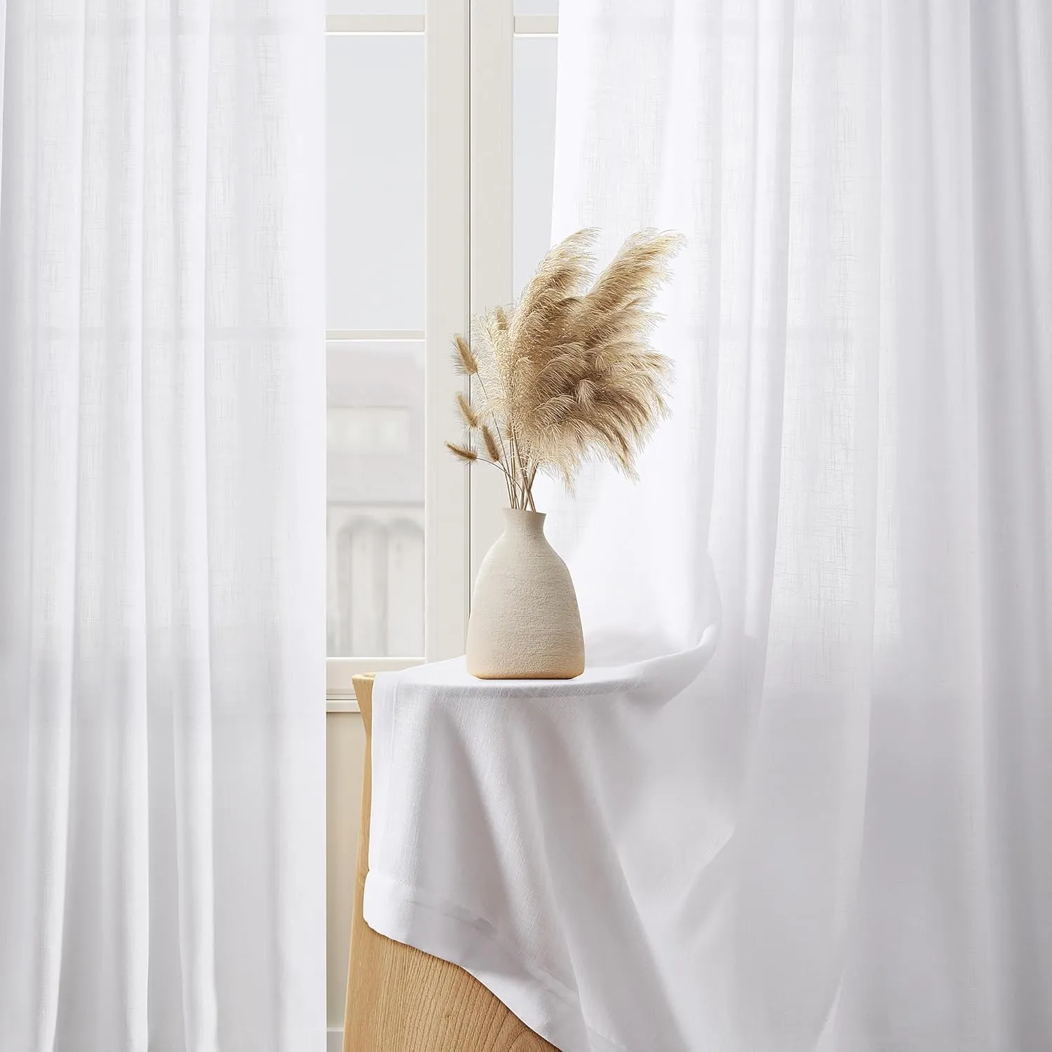 Guken White Linen Curtains 96 Inch Length for Living Room Bedroom 2 Panels Set Rod Pocket Light Filtering Semi Sheer Window Curtains 52 Inch Width Boho Farmhouse Linen Drapes, W52xL96