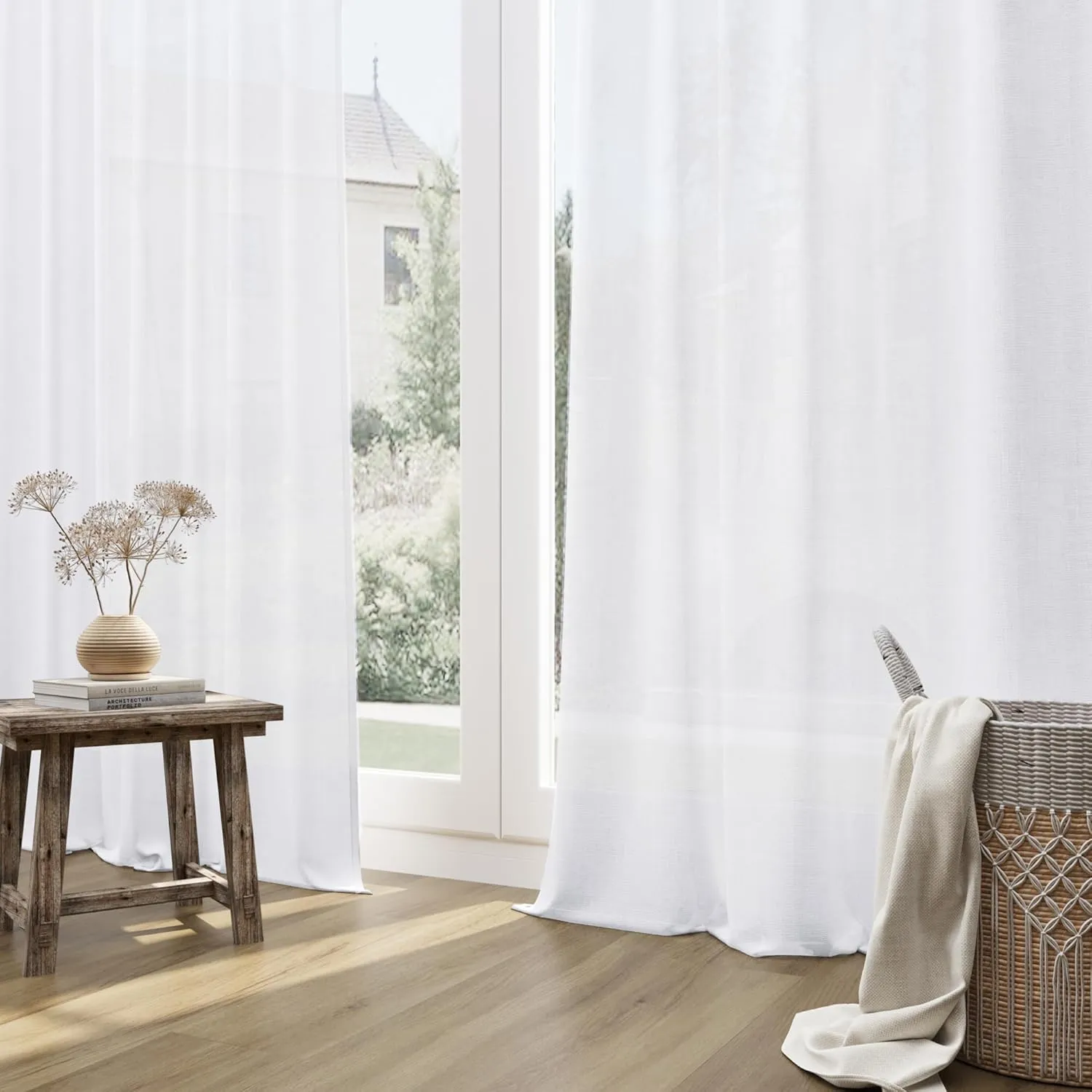 Guken White Linen Curtains 96 Inch Length for Living Room Bedroom 2 Panels Set Rod Pocket Light Filtering Semi Sheer Window Curtains 52 Inch Width Boho Farmhouse Linen Drapes, W52xL96