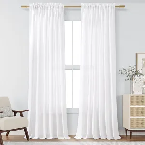Guken White Linen Curtains 96 Inch Length for Living Room Bedroom 2 Panels Set Rod Pocket Light Filtering Semi Sheer Window Curtains 52 Inch Width Boho Farmhouse Linen Drapes, W52xL96