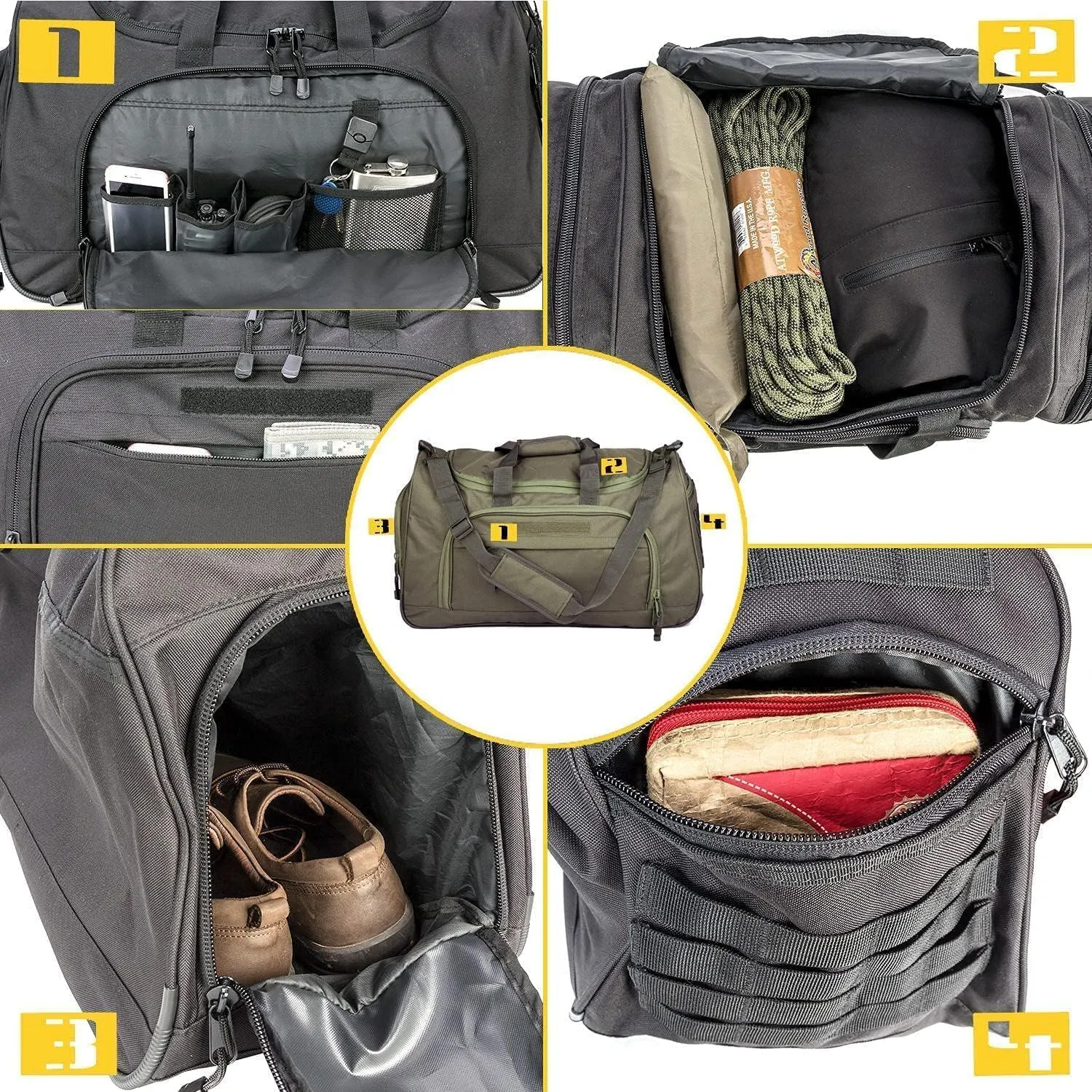 Gym Bag for Women & Men Tactical Duffle Military Weekender Work Out Lightweight Waterproof Sports Tote Shoe Pocket Green