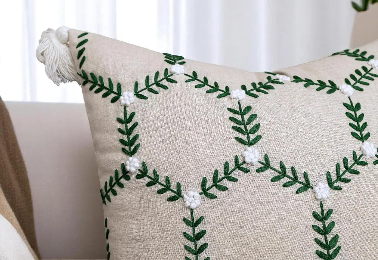 Hand Embroidered Bumble Bee Decorative Square Accent Throw Pillow Cover - Pillowcase for Living Room Sofa, Couch, Bedroom - Chair Cushion Cover - 20x20, Natural