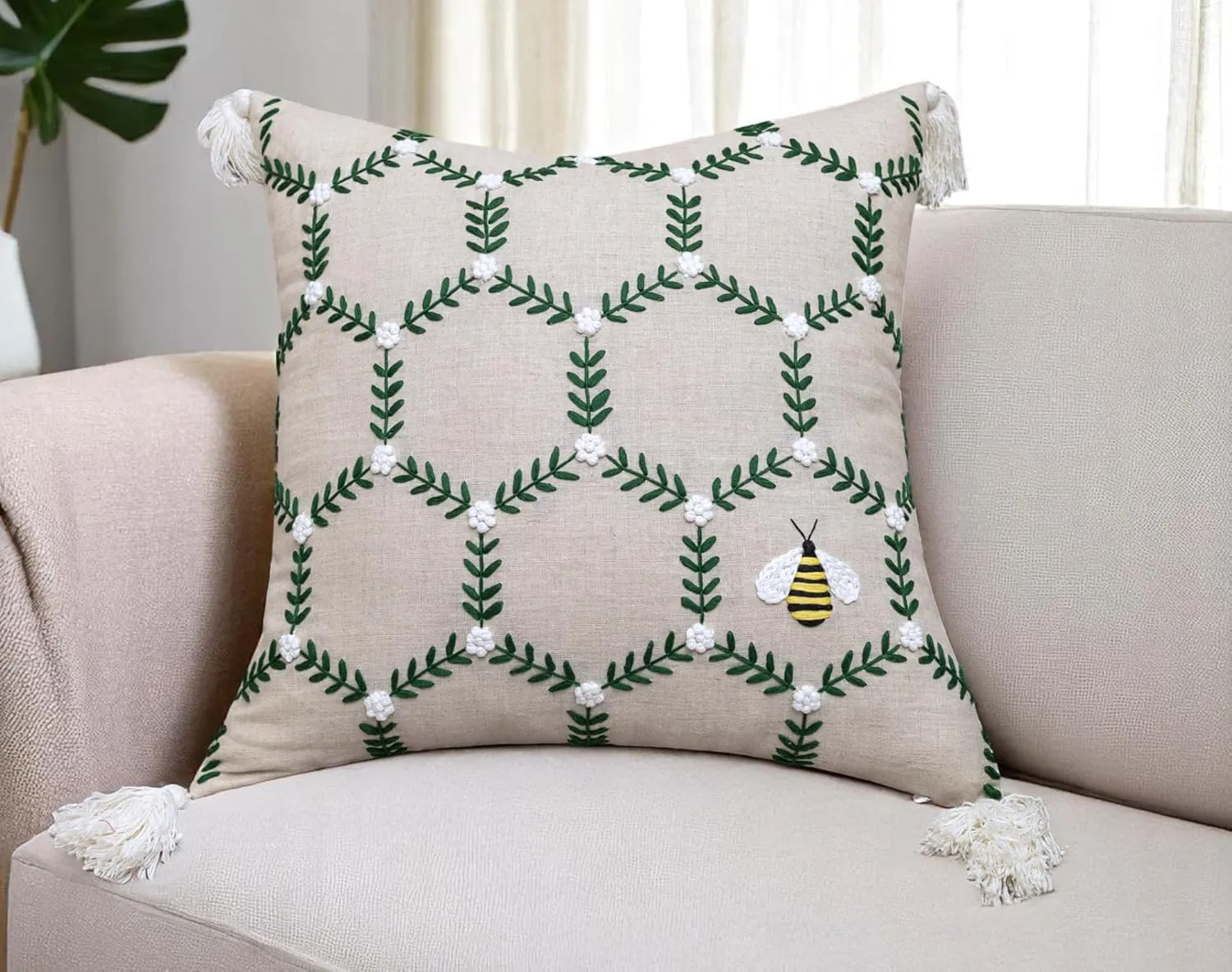 Hand Embroidered Bumble Bee Decorative Square Accent Throw Pillow Cover - Pillowcase for Living Room Sofa, Couch, Bedroom - Chair Cushion Cover - 20x20, Natural