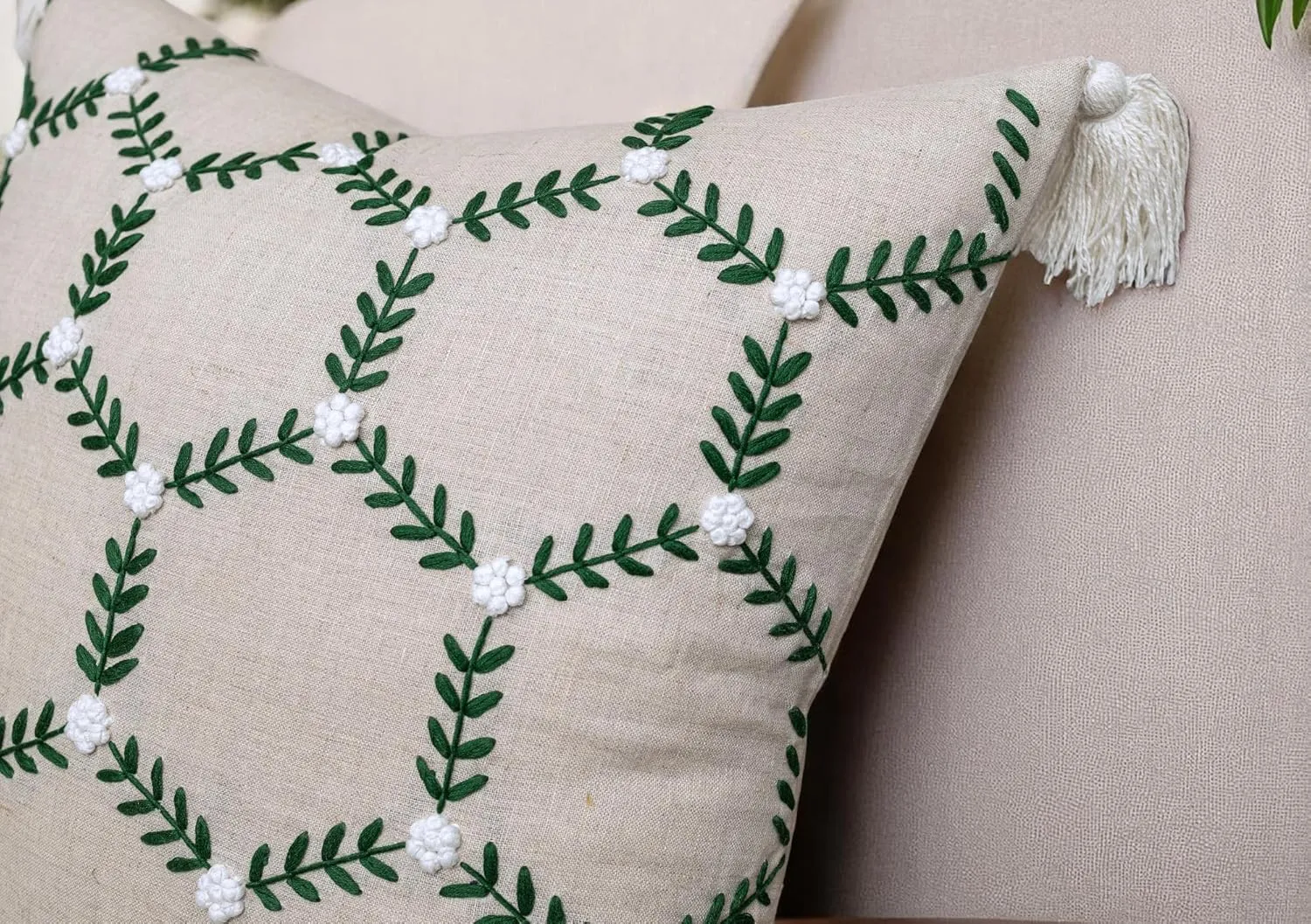 Hand Embroidered Bumble Bee Decorative Square Accent Throw Pillow Cover - Pillowcase for Living Room Sofa, Couch, Bedroom - Chair Cushion Cover - 20x20, Natural