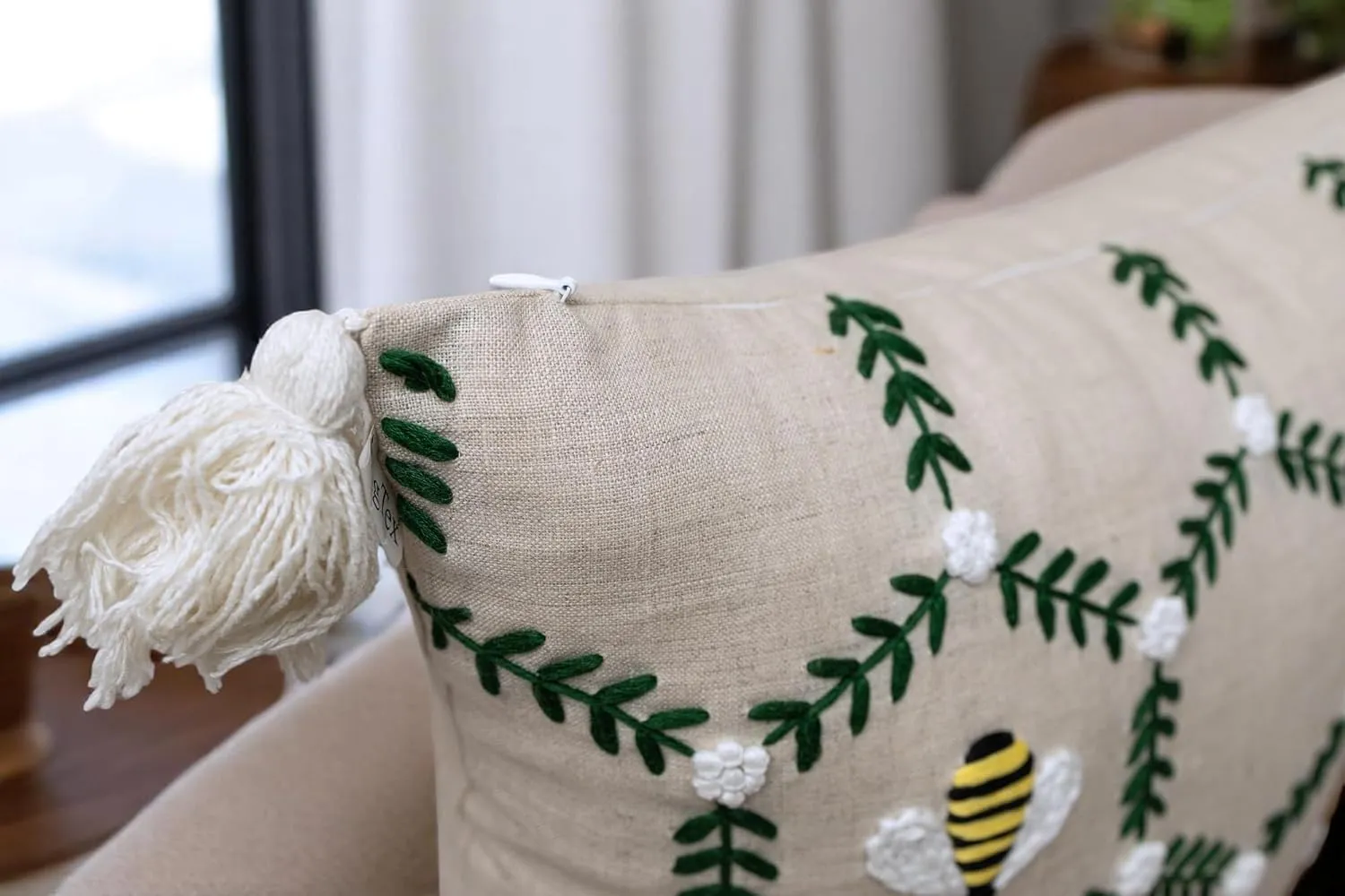 Hand Embroidered Bumble Bee Decorative Square Accent Throw Pillow Cover - Pillowcase for Living Room Sofa, Couch, Bedroom - Chair Cushion Cover - 20x20, Natural
