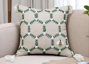 Hand Embroidered Bumble Bee Decorative Square Accent Throw Pillow Cover - Pillowcase for Living Room Sofa, Couch, Bedroom - Chair Cushion Cover - 20x20, Natural