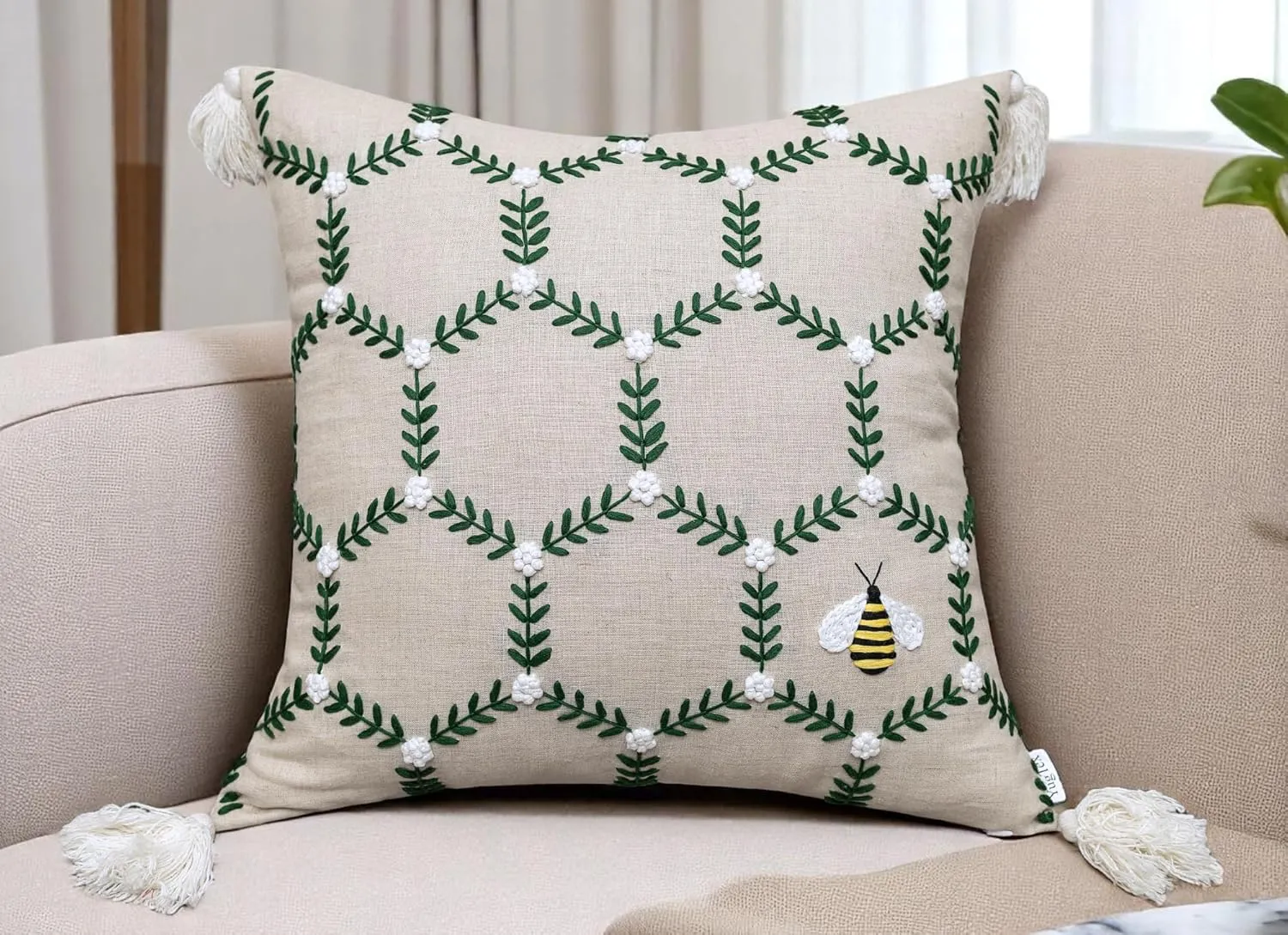 Hand Embroidered Bumble Bee Decorative Square Accent Throw Pillow Cover - Pillowcase for Living Room Sofa, Couch, Bedroom - Chair Cushion Cover - 20x20, Natural