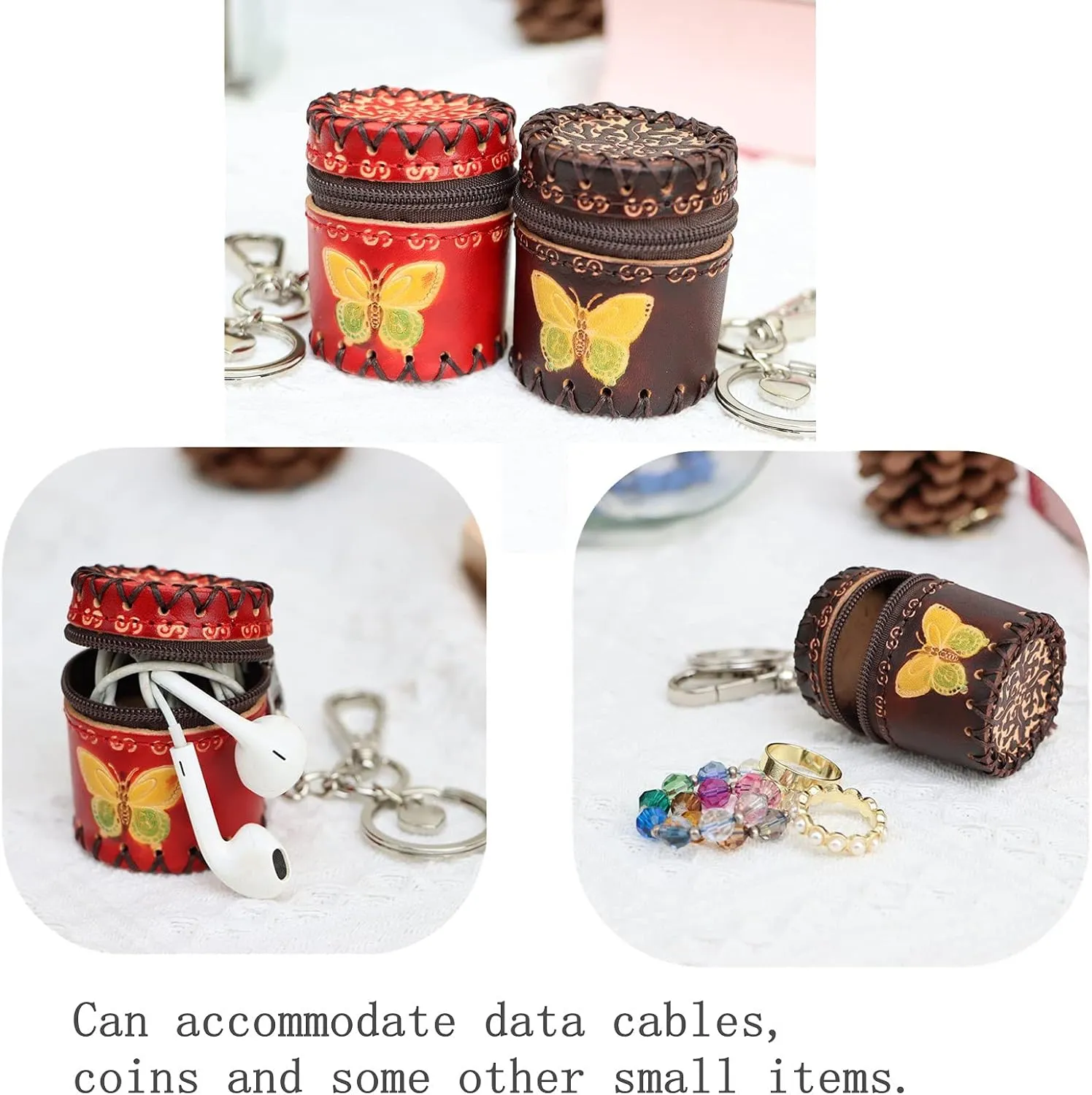 Handmade mini leather bucket bag pendant jewelry box jewelry classification storage box change storage bag personalized bag pendant(brown)