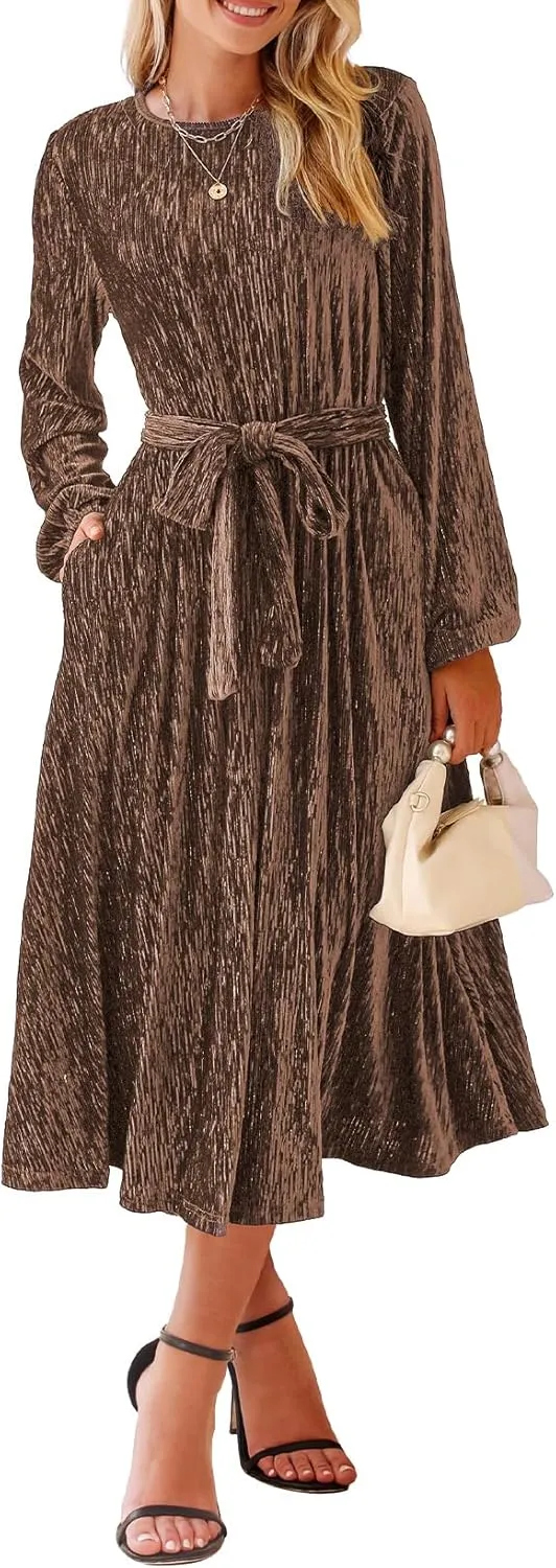 Happy Sailed Women's Velvet Dress Fashion Spring Lantern Sleeve High Waist A-Line Long Formal Party Dresses