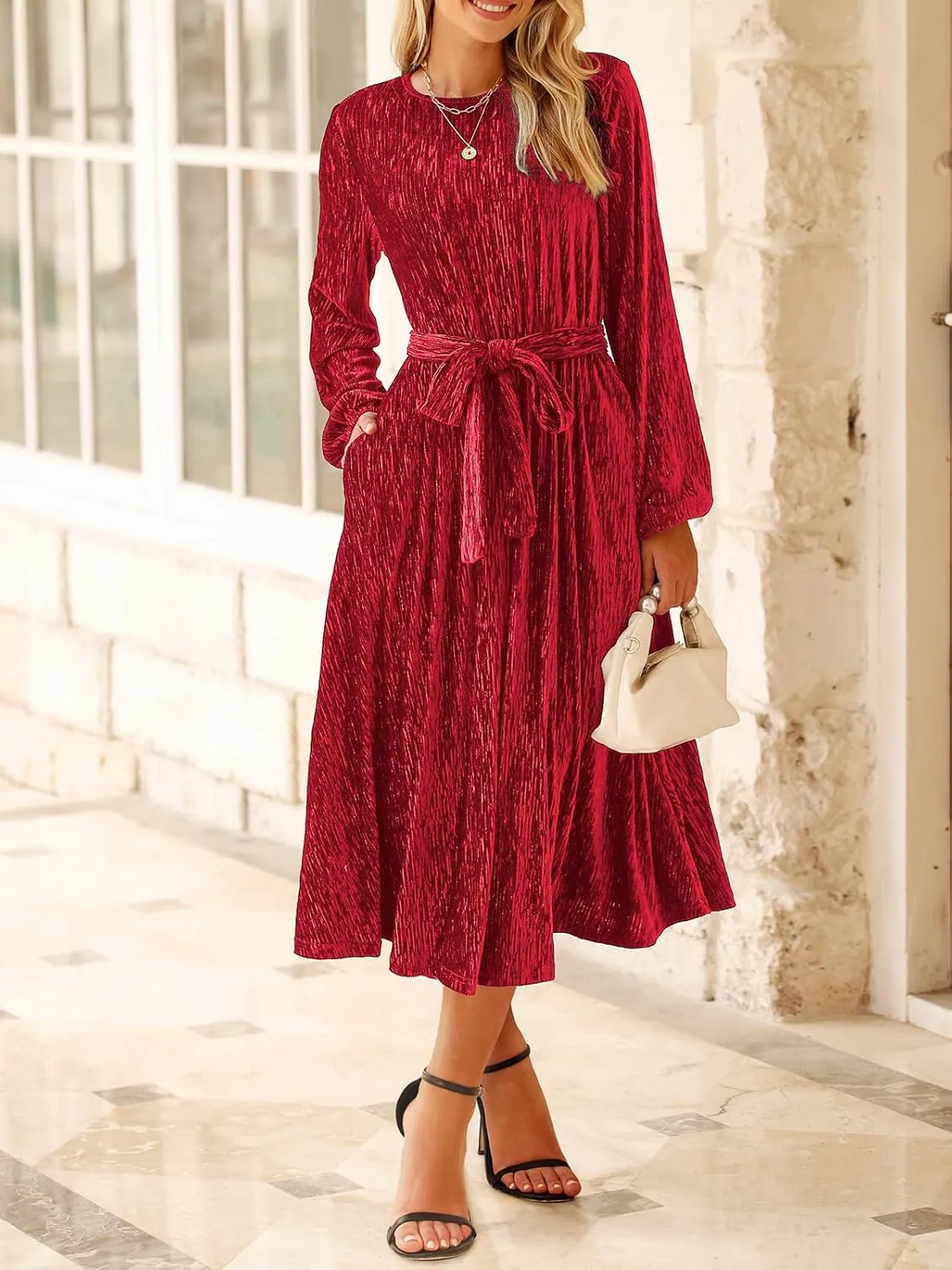 Happy Sailed Women's Velvet Dress Fashion Spring Lantern Sleeve High Waist A-Line Long Formal Party Dresses