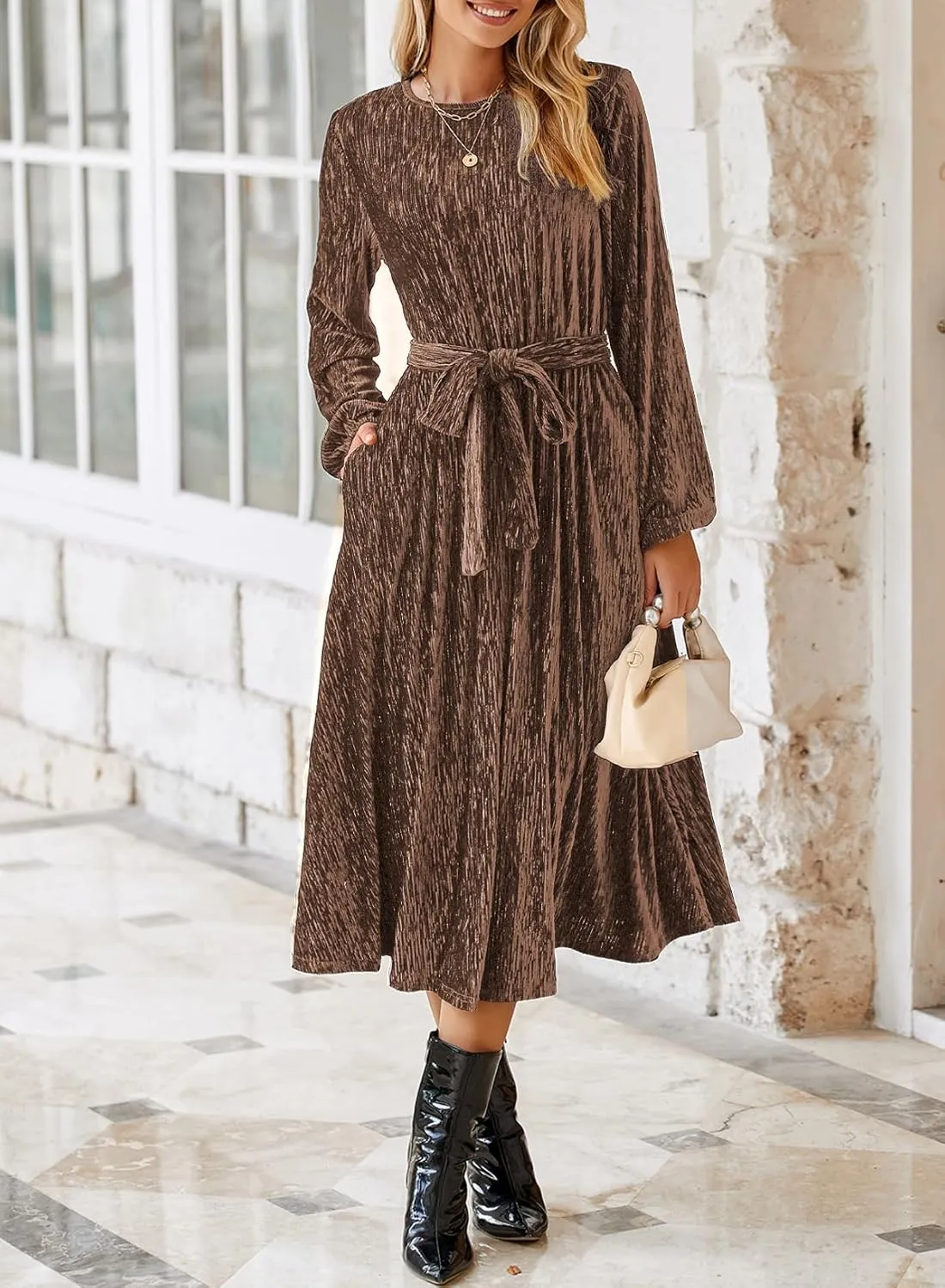 Happy Sailed Women's Velvet Dress Fashion Spring Lantern Sleeve High Waist A-Line Long Formal Party Dresses