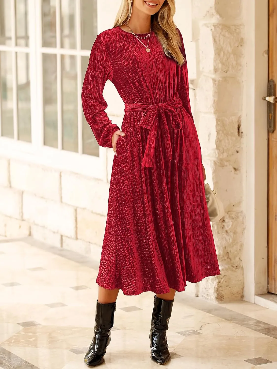 Happy Sailed Women's Velvet Dress Fashion Spring Lantern Sleeve High Waist A-Line Long Formal Party Dresses