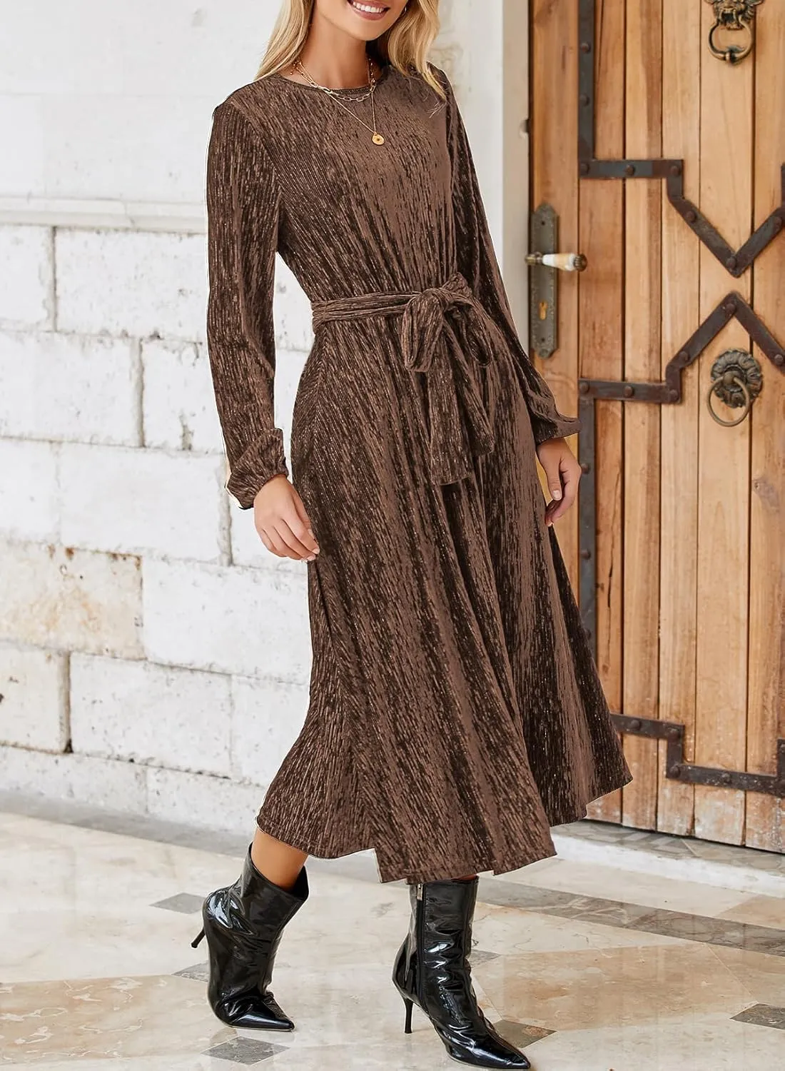 Happy Sailed Women's Velvet Dress Fashion Spring Lantern Sleeve High Waist A-Line Long Formal Party Dresses