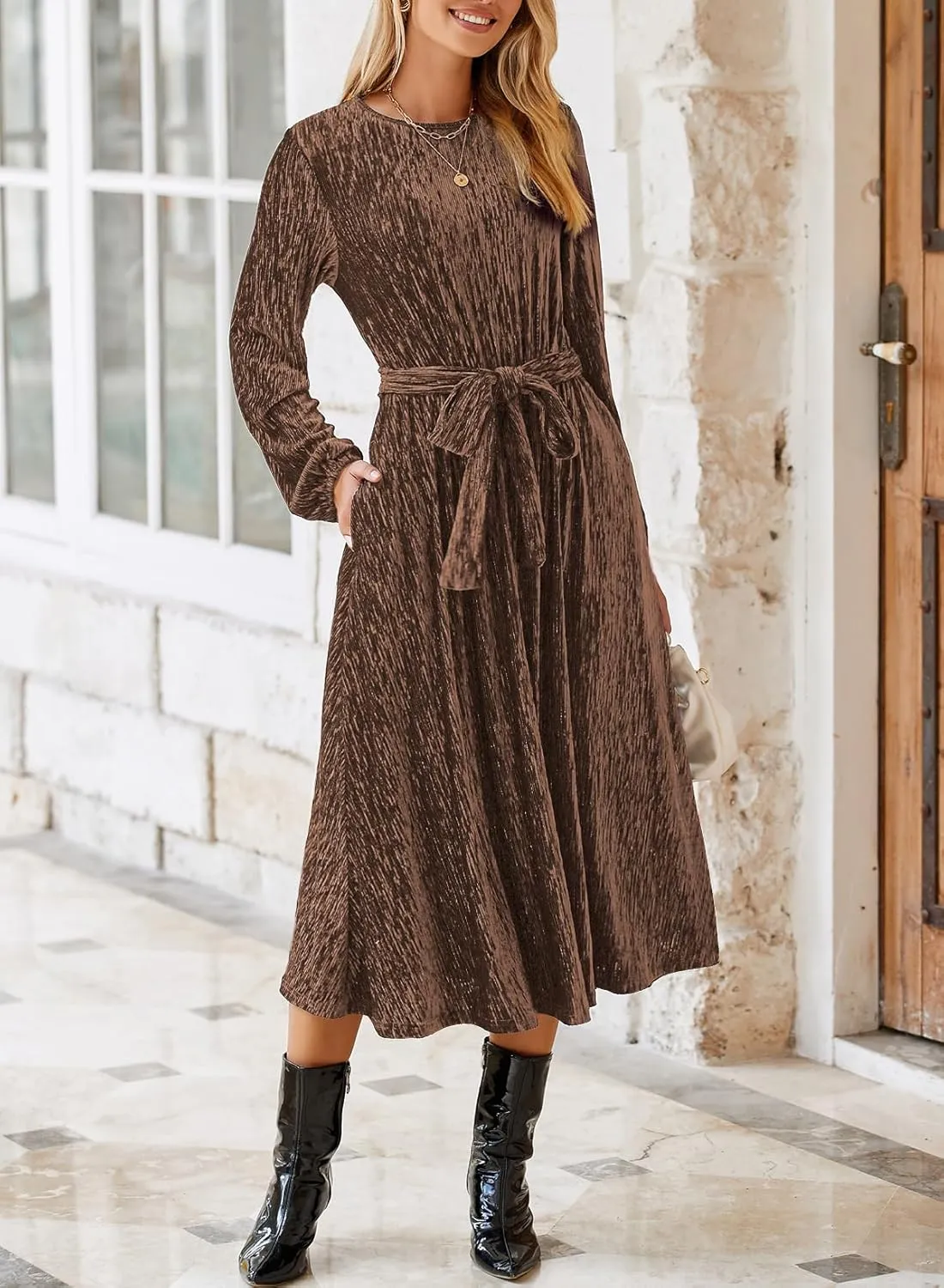 Happy Sailed Women's Velvet Dress Fashion Spring Lantern Sleeve High Waist A-Line Long Formal Party Dresses