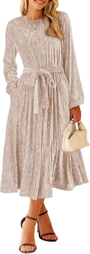 Happy Sailed Women's Velvet Dress Fashion Spring Lantern Sleeve High Waist A-Line Long Formal Party Dresses