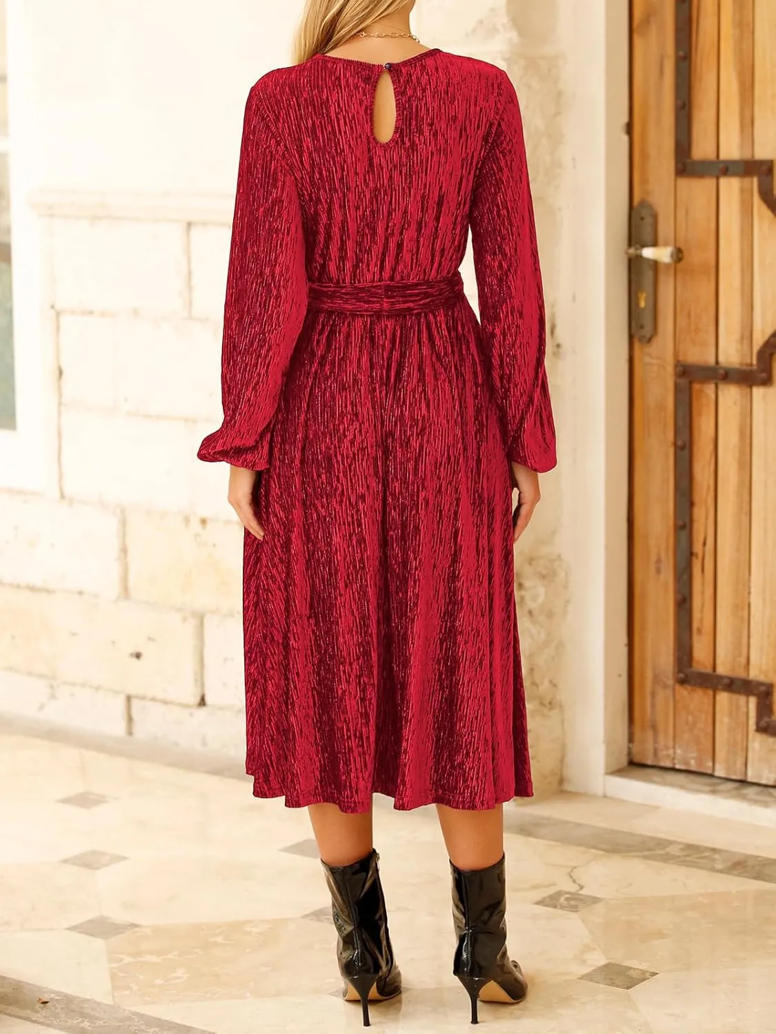 Happy Sailed Women's Velvet Dress Fashion Spring Lantern Sleeve High Waist A-Line Long Formal Party Dresses