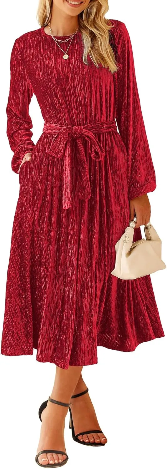 Happy Sailed Women's Velvet Dress Fashion Spring Lantern Sleeve High Waist A-Line Long Formal Party Dresses