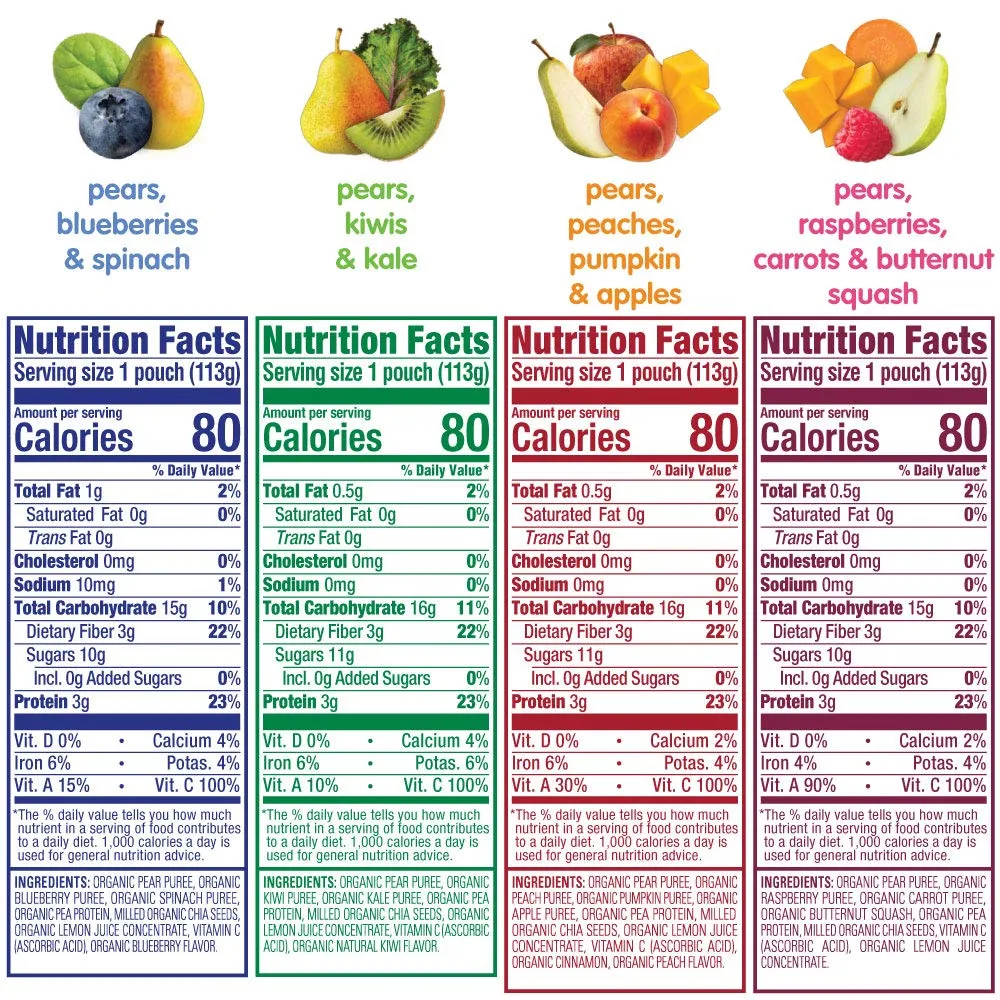 Happy Tot Organics Stage 4 Baby Food Pouches, Gluten Free, Vegan Snack, Fiber & Protein Fruit & Veggie Puree, Fruit & Veggie Variety Pack, 4 Ounce (Pack of 16)