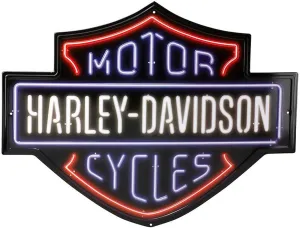 Harley-Davidson Embossed Tin Sign, Neon Lights Bar & Shield Logo, 19.75 x 15 Inches