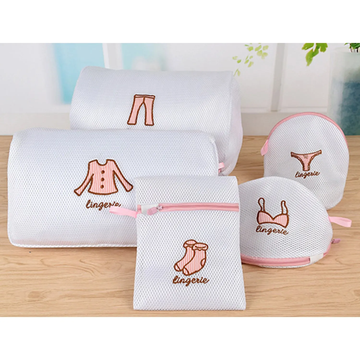 Haven Zippered Mesh Laundry Clothes Washing Bags - Pack of 5, White or Pink