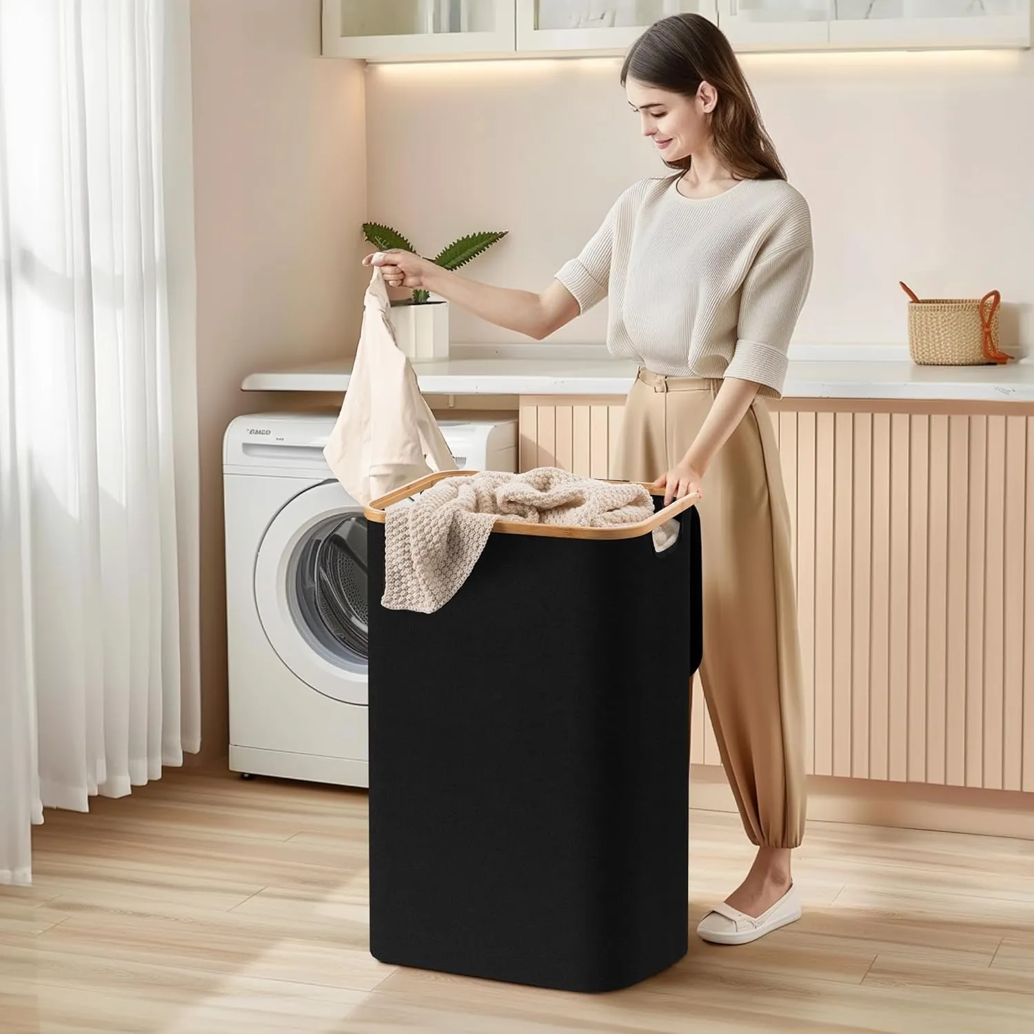 HBlife 60L Slim Laundry Hamper with Lid and Removable Inner Bag, Narrow Collapsible Dirty Clothes Basket for Bathroom, Bedroom and Laundry Room, Black