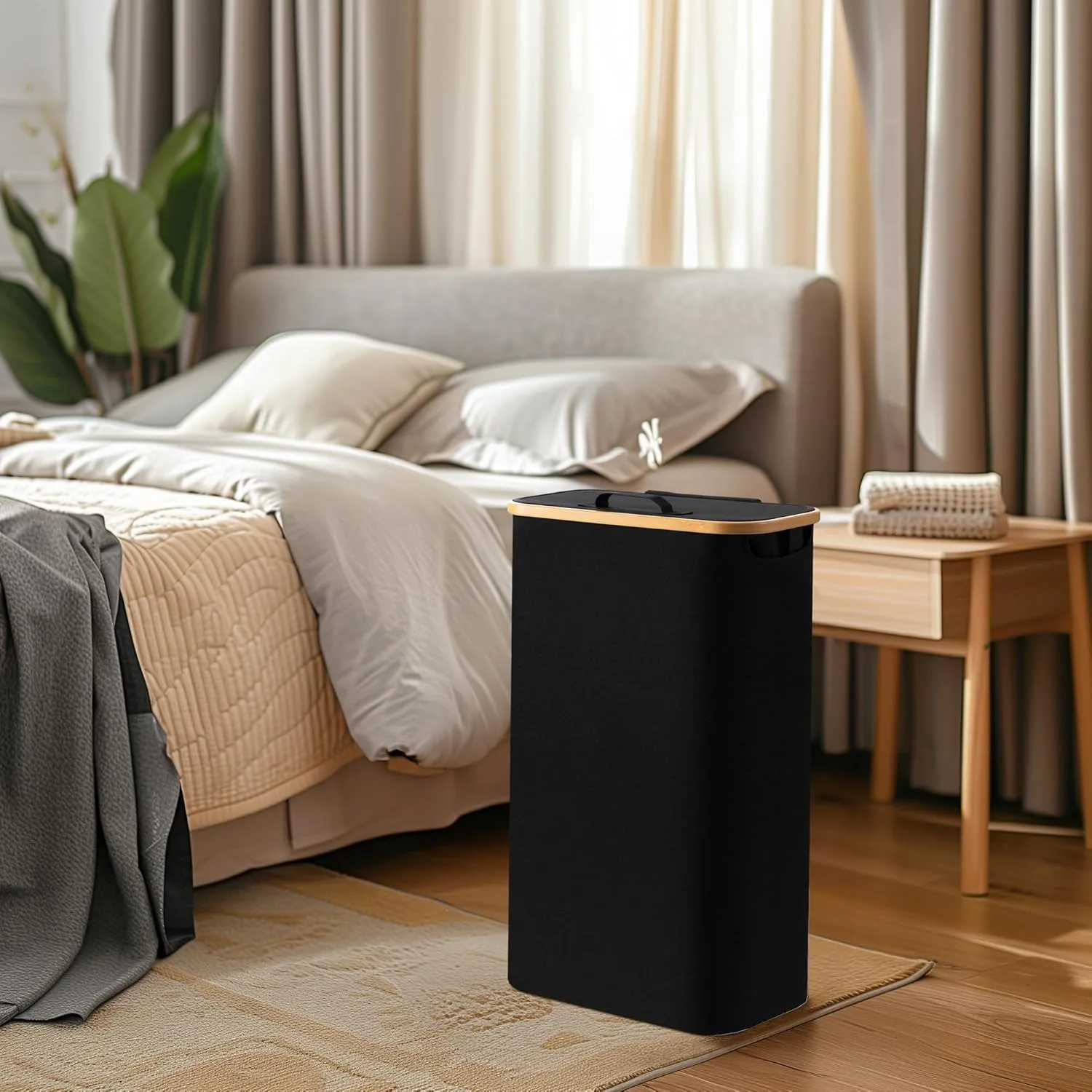 HBlife 60L Slim Laundry Hamper with Lid and Removable Inner Bag, Narrow Collapsible Dirty Clothes Basket for Bathroom, Bedroom and Laundry Room, Black