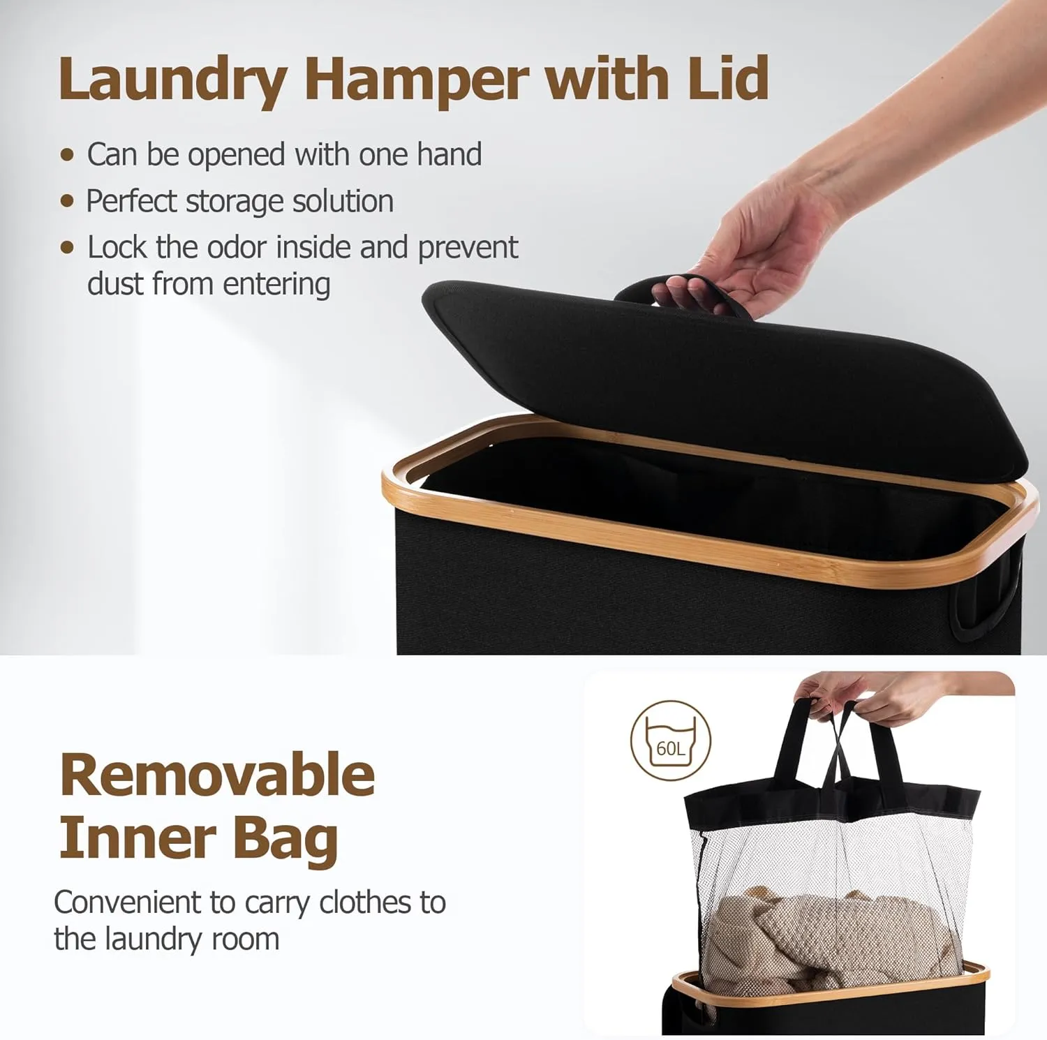HBlife 60L Slim Laundry Hamper with Lid and Removable Inner Bag, Narrow Collapsible Dirty Clothes Basket for Bathroom, Bedroom and Laundry Room, Black