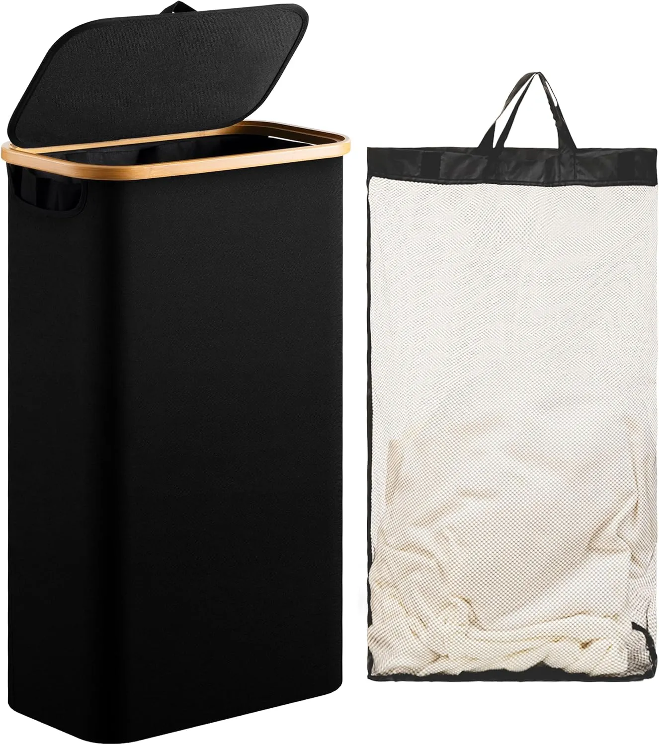 HBlife 60L Slim Laundry Hamper with Lid and Removable Inner Bag, Narrow Collapsible Dirty Clothes Basket for Bathroom, Bedroom and Laundry Room, Black