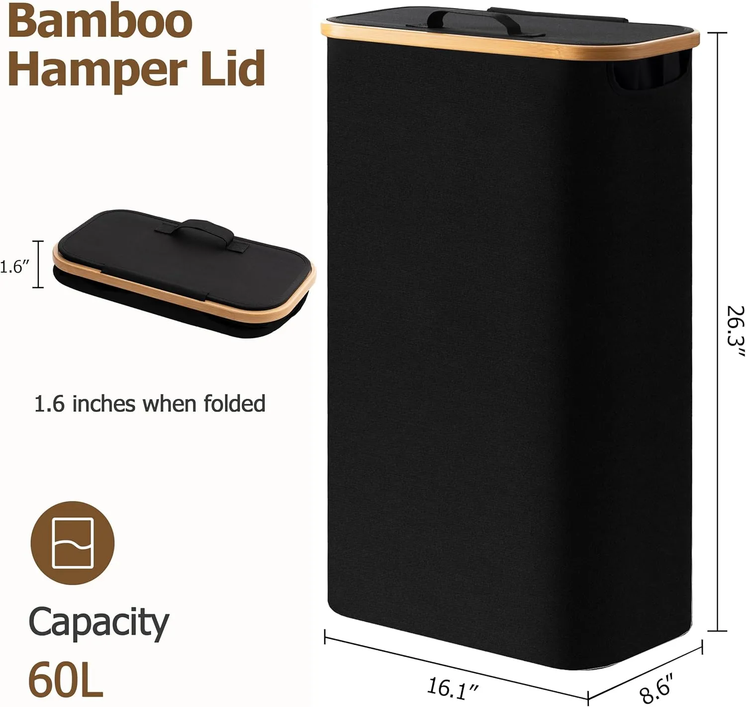 HBlife 60L Slim Laundry Hamper with Lid and Removable Inner Bag, Narrow Collapsible Dirty Clothes Basket for Bathroom, Bedroom and Laundry Room, Black