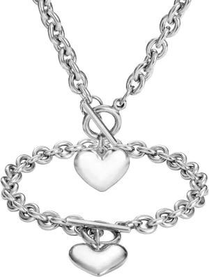 Heart Chain Necklace   Heart Bracelet for Women Girls Hearts Pendant Toggle Charm Jewelry Set Stainless Steel 18K Gold/Rose Gold Silver