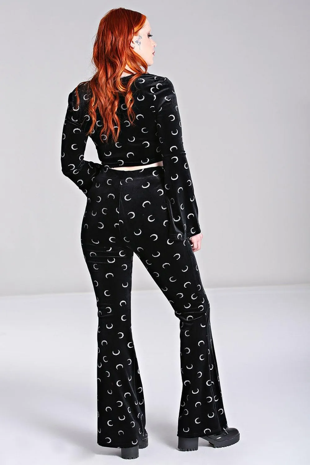 Hell Bunny Misty Moon Black Velvet Glittery Crescent Flared Pants Trousers