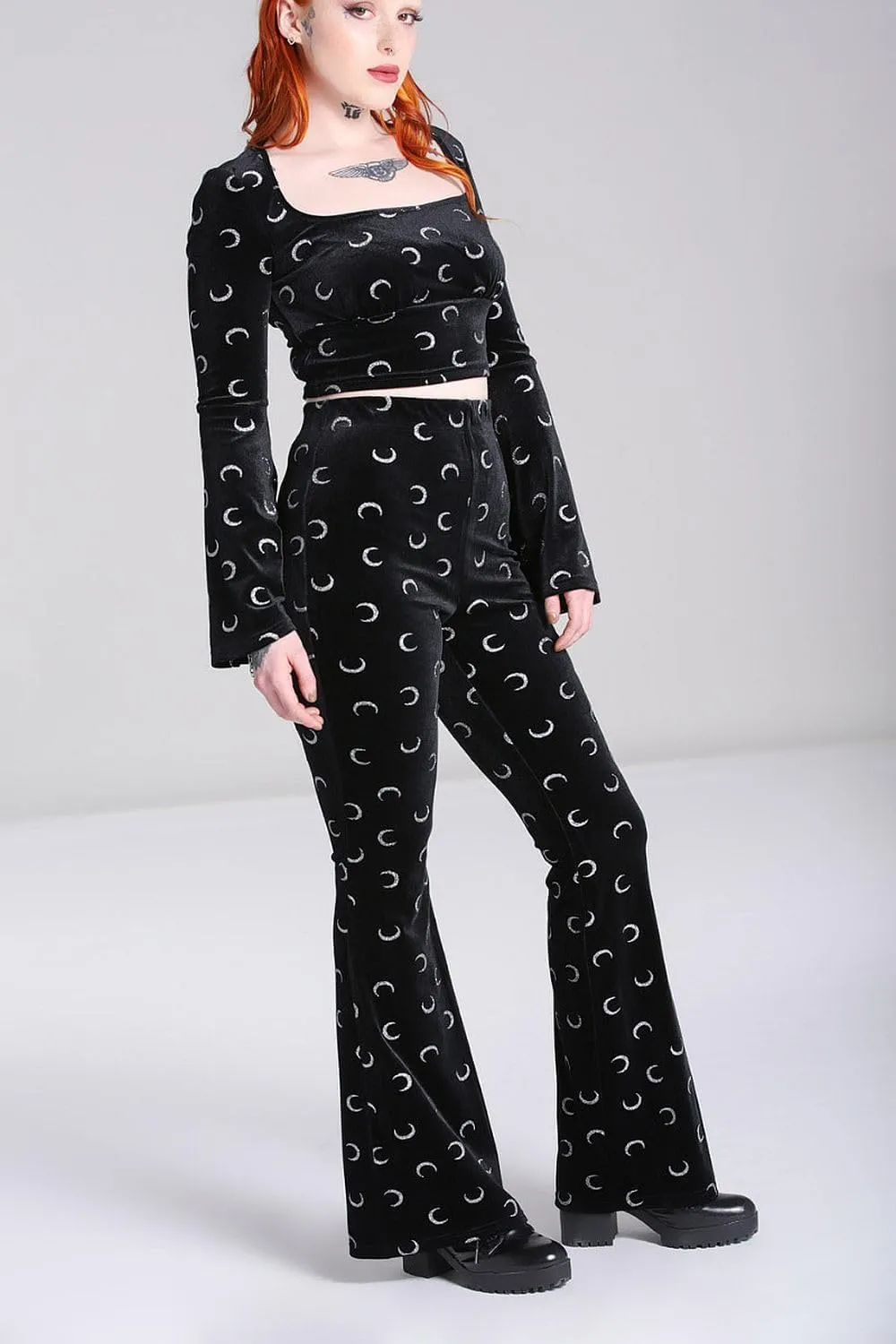 Hell Bunny Misty Moon Black Velvet Glittery Crescent Flared Pants Trousers