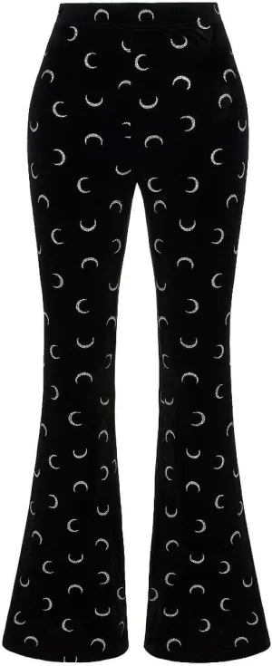 Hell Bunny Misty Moon Black Velvet Glittery Crescent Flared Pants Trousers